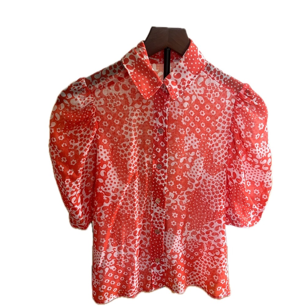 Vintage 70s Red White Print Puff Sleeve Blouse Floral Paisley Prarie Western
